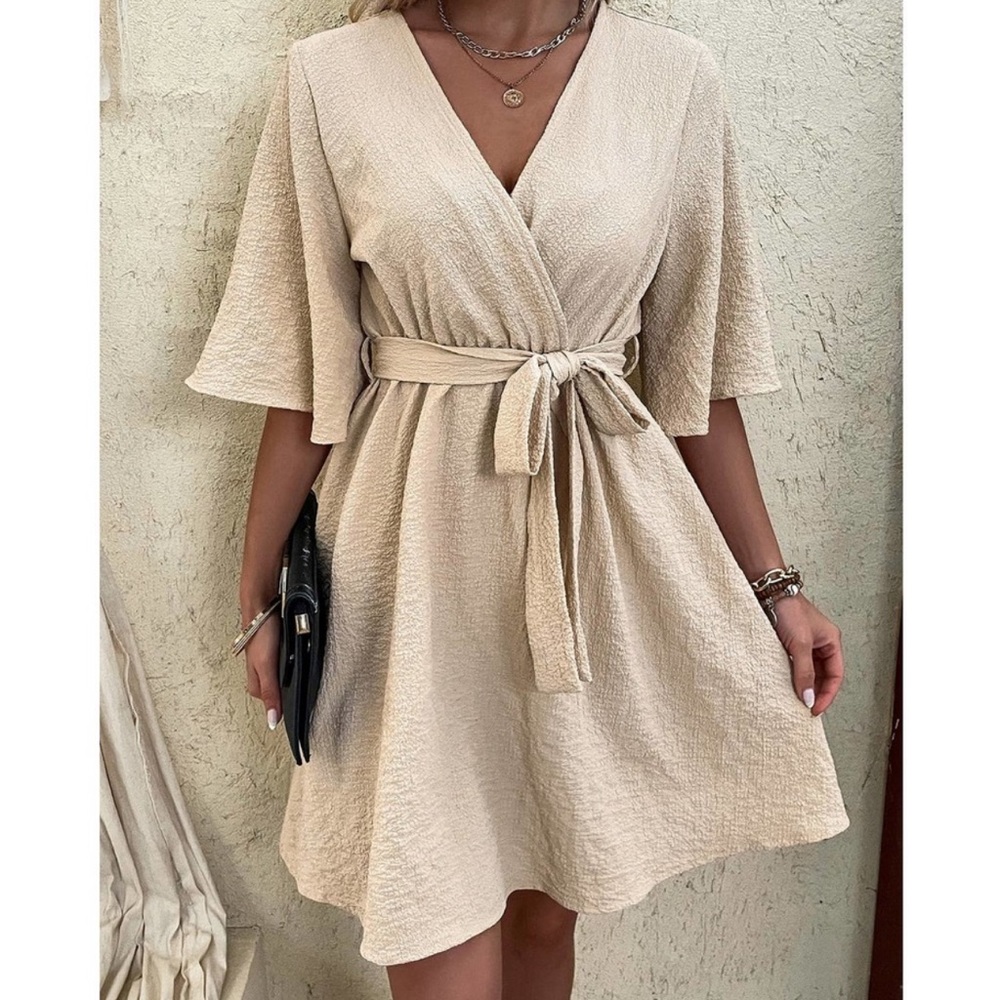 tan nude boho textured v Neck short Sleeve Belted mini Dress crinkle